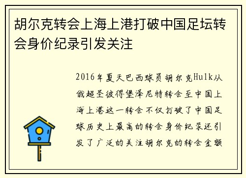 胡尔克转会上海上港打破中国足坛转会身价纪录引发关注 胡尔克转会上海上港打破中国足坛转会身价纪录引发关注