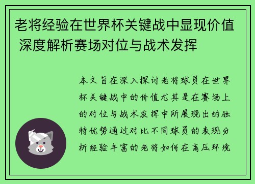 老将经验在世界杯关键战中显现价值 深度解析赛场对位与战术发挥 老将经验在世界杯关键战中显现价值 深度解析赛场对位与战术发挥